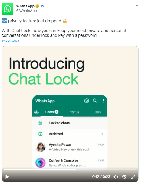 WhatsApp'a Sohbet Kilidi